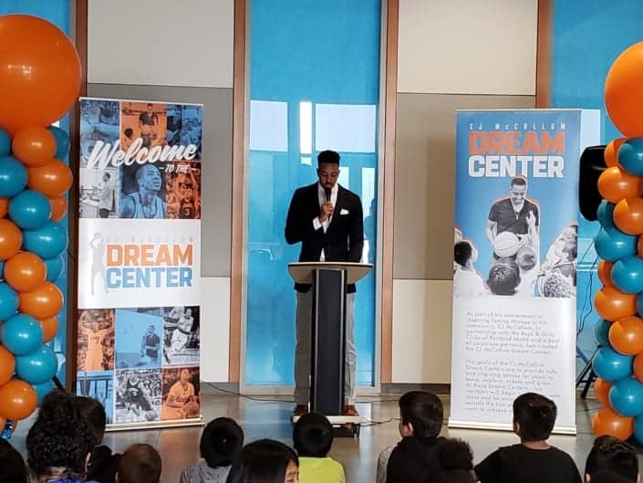CJ McCollum speaks at Dream Center opening at the Rockwood Club